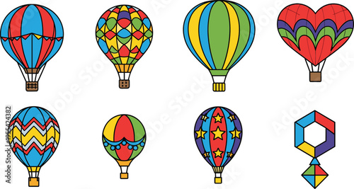 Hot air balloons illustration set with colorful flying balloons patterns and sky adventure travel elements collection