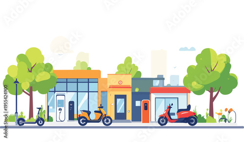 Micro-Mobility Hub — E-bikes, Scooters & Mini EVs in Flat Vector