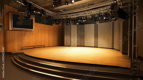 Empty modern stage in a theater auditorium. Illuminated by overhead spotlights. Featuring warm wood paneling. An elevated platform. And professional sound equipment. Awaiting a speaker or performance