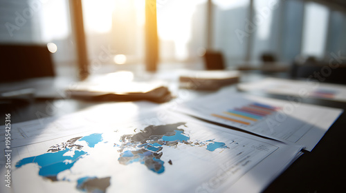 Global business strategy: World map document with charts on a conference table, illuminated by warm sunlight, in a modern office interior