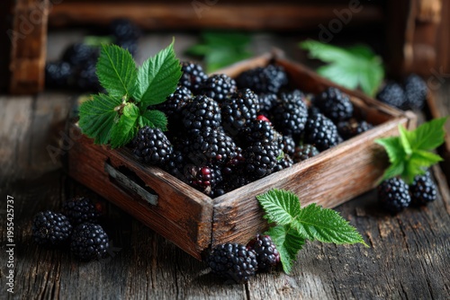 Fresh Blackberries in Wooden Crate with Mint Leaves.