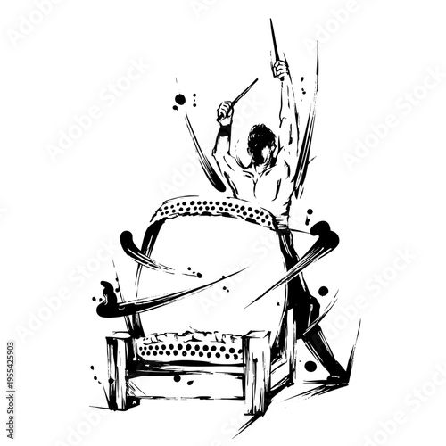 太鼓を叩く人の墨絵イラスト