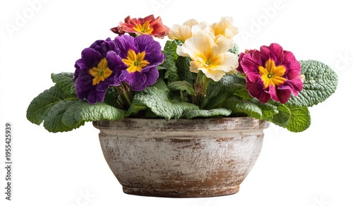 Colorful Primrose Flowers in a Rustic Pot on White.
