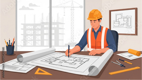 Man in hard hat reviews building plans at office desk with tools