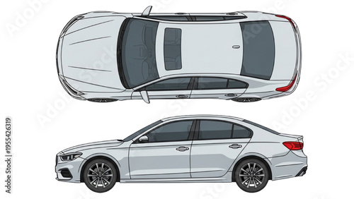 A detailed illustration of a silver car showcasing both its side and top views on a white background