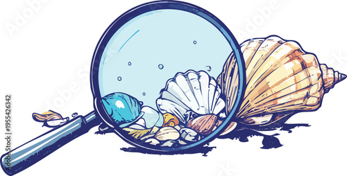 Microplastics Revealed — Line-Art Editorial of Shell Under Magnifier