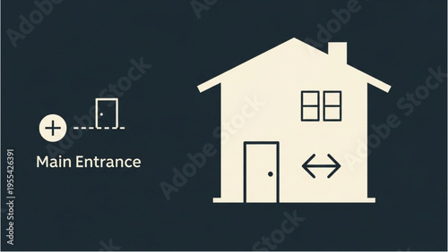 A graphic illustration of a house with a main entrance and arrows.