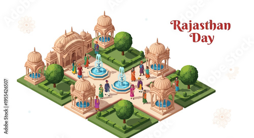 Isometric illustration of Rajasthan Day celebration with traditional Indian architecture and people in a park-like setting with fountains and greenery.