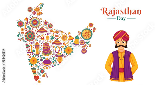 Illustration of a traditional Rajasthani man standing next to a colorful map of Rajasthan on a white background, celebrating Rajasthan Day with cultural symbols and patterns.