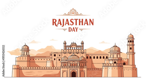 Illustration of a traditional Rajasthani fort with Rajasthan Day logo, showcasing cultural heritage and architecture in warm orange tones against a white background.