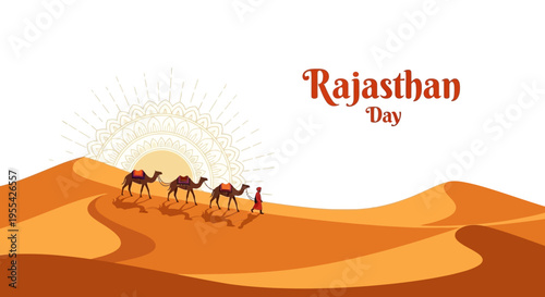 Illustration of camels walking across a desert landscape with a sunburst behind them, celebrating Rajasthan Day with a traditional Indian cultural theme.