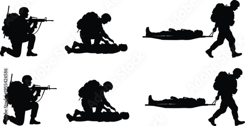 Military combat medic rescue silhouettes with soldier carrying wounded on stretcher and battlefield aid action illustration set