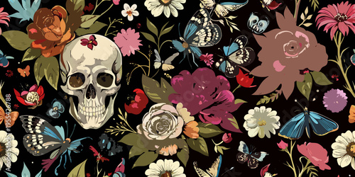 Vintage floral seamless wallpaper with skulls, peonies, butterflies. Dark botanical background. Repeating pattern for design of fabric, paper, wallpaper, canvas. Hand drawn 3d