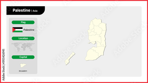 Vector illustration map of Palestine. Includes national flag, location, and capital information.