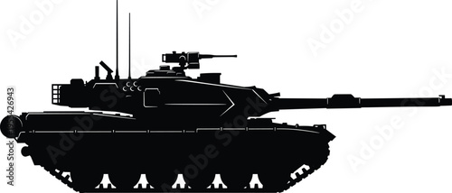 Military battle tank silhouette side view, armored combat vehicle with cannon turret isolated black army weapon vector illustration