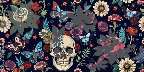 Vintage floral seamless wallpaper with skulls, peonies, butterflies. Dark botanical background. Repeating pattern for design of fabric, paper, wallpaper, canvas. Hand drawn 3d