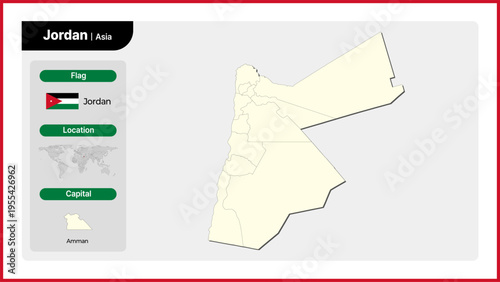 Vector illustration map of Jordan. Includes national flag, location, and capital information.