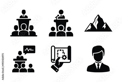 A collection of black and white icons depicting public speaking, a mountain, a blueprint, and a businessman, representing various professional and natural themes.