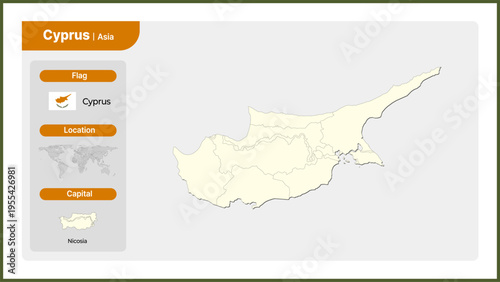 Vector illustration map of Cyprus. Includes national flag, location, and capital information.