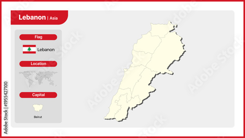 Vector illustration map of Lebanon. Includes national flag, location, and capital information.