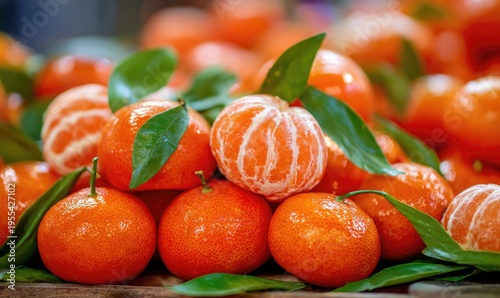 Fresh and Vibrant Tangerines with Green Leaves Displayed.