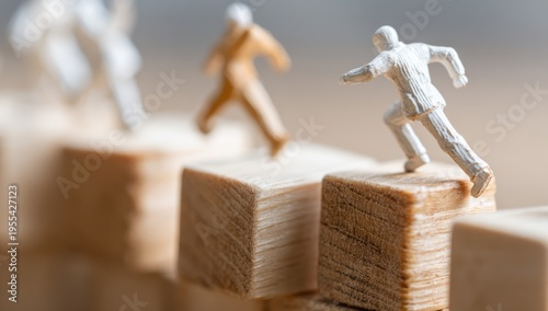 Miniature figures climbing wooden blocks representing career advancement.