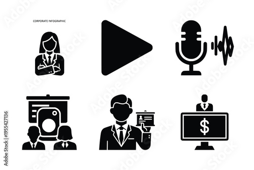 Set of six black silhouette icons representing various aspects of business, presentations, media, and corporate communication.