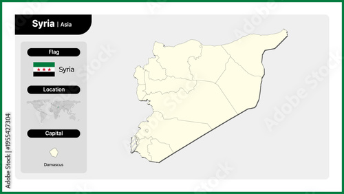 Vector illustration map of Syria. Includes national flag, location, and capital information.