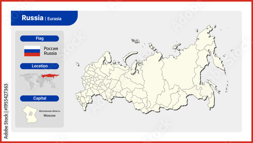 Vector illustration map of Russia. Includes national flag, location, and capital information.