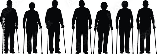 Senior people with crutches silhouettes elderly men and women standing mobility support disability rehabilitation vector illustration isolated set