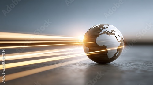Global Dynamics: A wooden globe is illuminated by streaks of light, symbolizing the interconnectedness of our world, innovation, and global advancements. 