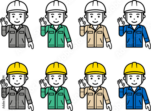 OKサインをするヘルメットと作業服を着用した男性のアイコン。その2