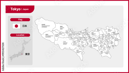 Vector illustration map of Tokyo in Japan. Includes national flag, location, and capital information.