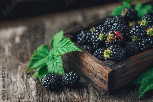 Fresh Blackberries in Wooden Tray with Green Leaves on Rustic Surface.