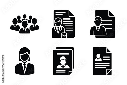Black silhouette icons representing business people, teams, and professional documents like resumes or CVs, ideal for human resources and recruitment themes.