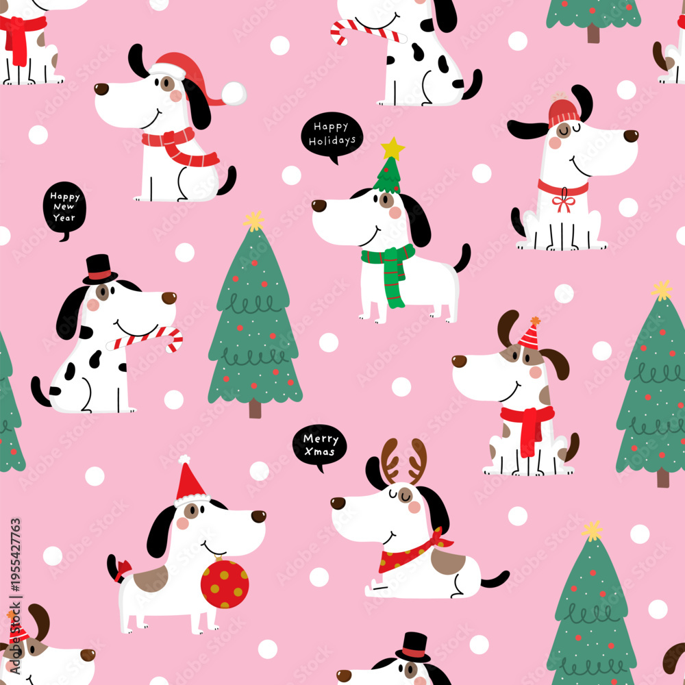 Fototapeta premium Merry Christmas and happy new year with cute dog in winter costume and xmas tree seamless pattern and background. Animal holidays cartoon characters wallpaper. -Vector
