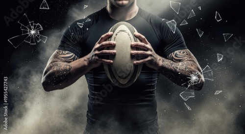 Dramatic image of a male rugby player holding a ball amidst shattered glass and smoke