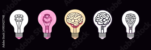Set of five flat minimalist lightbulb icons with human brain filament designs symbolizing creativity, ideas, innovation, and thinking concepts on dark background