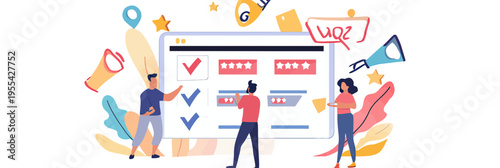Online survey feedback form with user ratings checklists and three people interacting with digital review interface in flat style