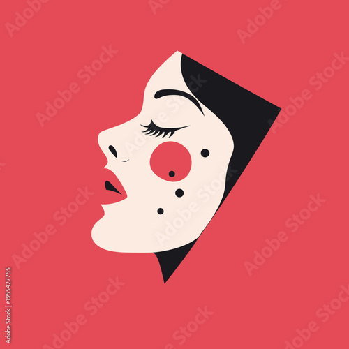 Minimalist vector illustration of woman's side face with closed eyes, red lips, and acne spots on cheek in flat style on coral background