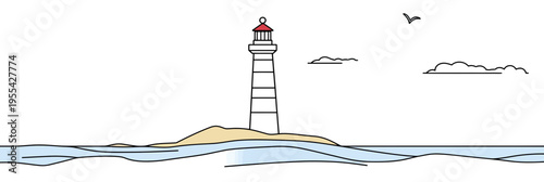 Minimalist continuous line drawing of coastal lighthouse on rocky island with ocean waves, seabird silhouette, and simple clouds in flat vector style design for nautical and marine theme
