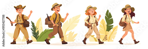 Group of four young adventurers hiking in safari outfits with backpacks and hats walking in nature flat minimalist vector illustration