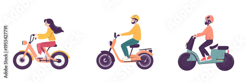 Three characters riding different styles of electric scooters and bikes in flat minimalist vector illustration representing eco friendly urban transportation and sustainable mobility
