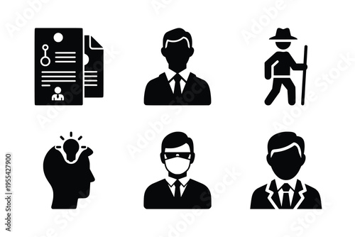 Collection of black silhouette icons representing various professional and conceptual figures, including business people, a detective, a masked individual, and a mind with an idea.