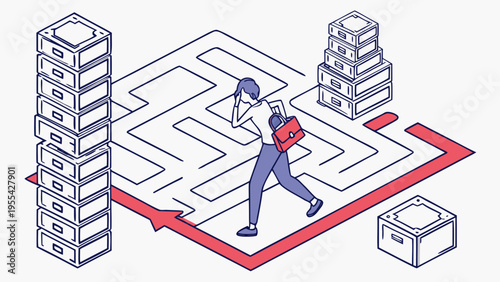 Man navigating complex maze between stacks of documents symbolizing bureaucracy paperwork process and administrative obstacles