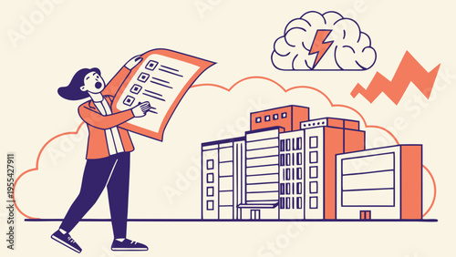 Woman analyzing checklist near office building with storm cloud and lightning symbolizing stress risk and business challenges