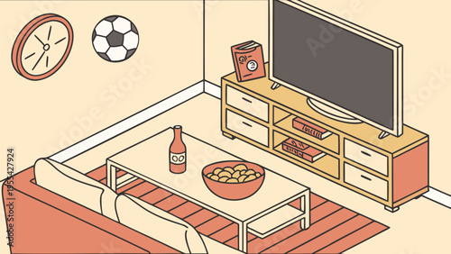 Cozy living room interior with sofa coffee table snacks and tv creating relaxed home leisure atmosphere