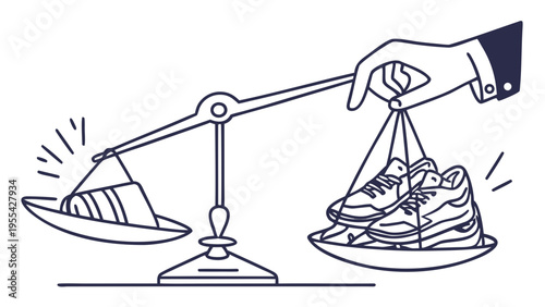Hand holding balance scale weighing worn sneaker against new sneaker illustrating choice value comparison and upgrade decision