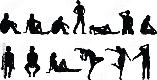 People sitting standing and dancing silhouette set, casual lifestyle body poses, human posture collection concept illustration
