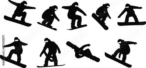 Snowboarder silhouette set, winter sport action, snowboarding tricks, extreme activity, mountain adventure, freestyle jump, dynamic movement, isolated black figures, cold season